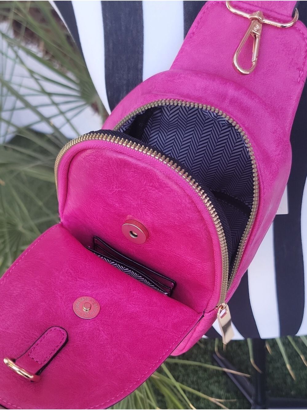 Fuchsia Vegan Leather cross body Sling Bag with Guitar Strap - Picture 4 of 9